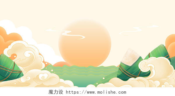 黄色绿色手绘龙太阳粽子粽子叶端午节展板背景端午节背景